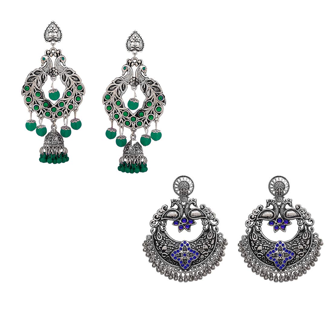 Yellow Chimes Combo of 2 Pairs Ethnic Silver Oxidised Floral Design Beads Studded Stones Chandbali Jhumka Earrings for Women and Girls, medium (YCTJER-CHNDNGLR-C-GRBL), green, blue