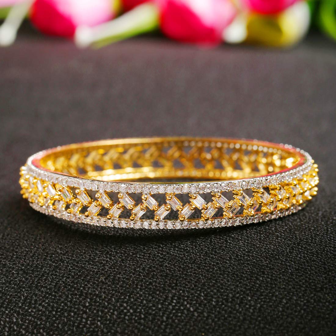 Yellow Chimes Classic Design 1 Pcs White AD/American Diamond Studded 18k Gold Plated Handcrafted Bangle for Women & Girls (2.6)