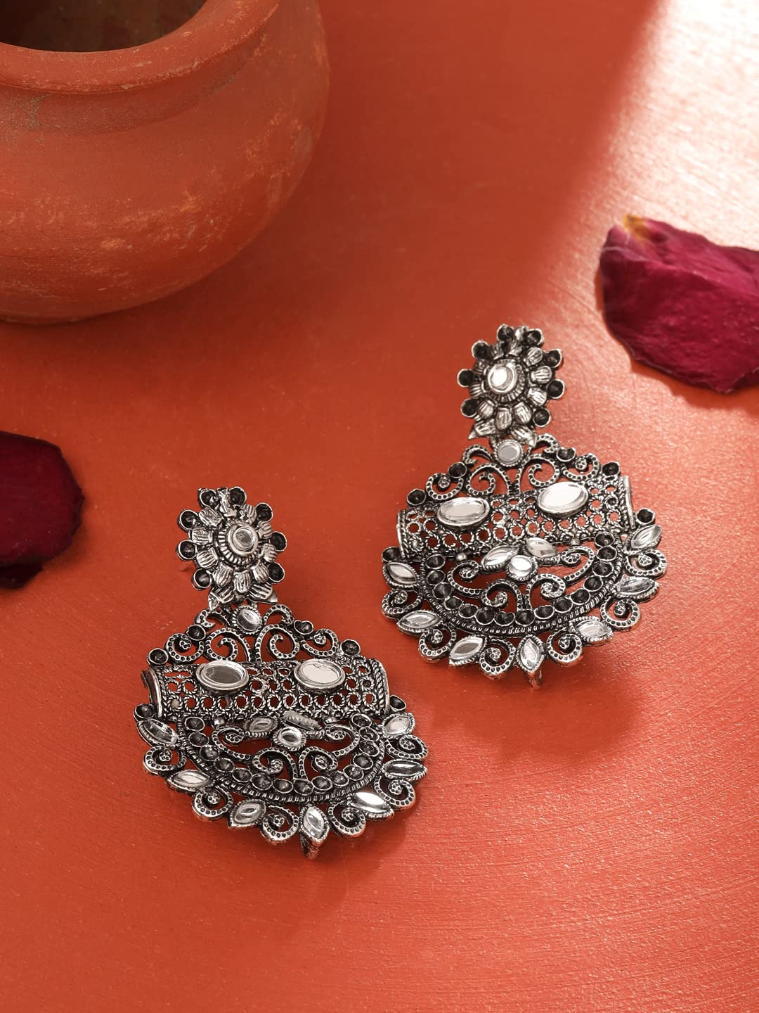 Yellow Chimes Earrings For Women Silver Toned Mirror Studded Chandbali Earrings For Women and Girls