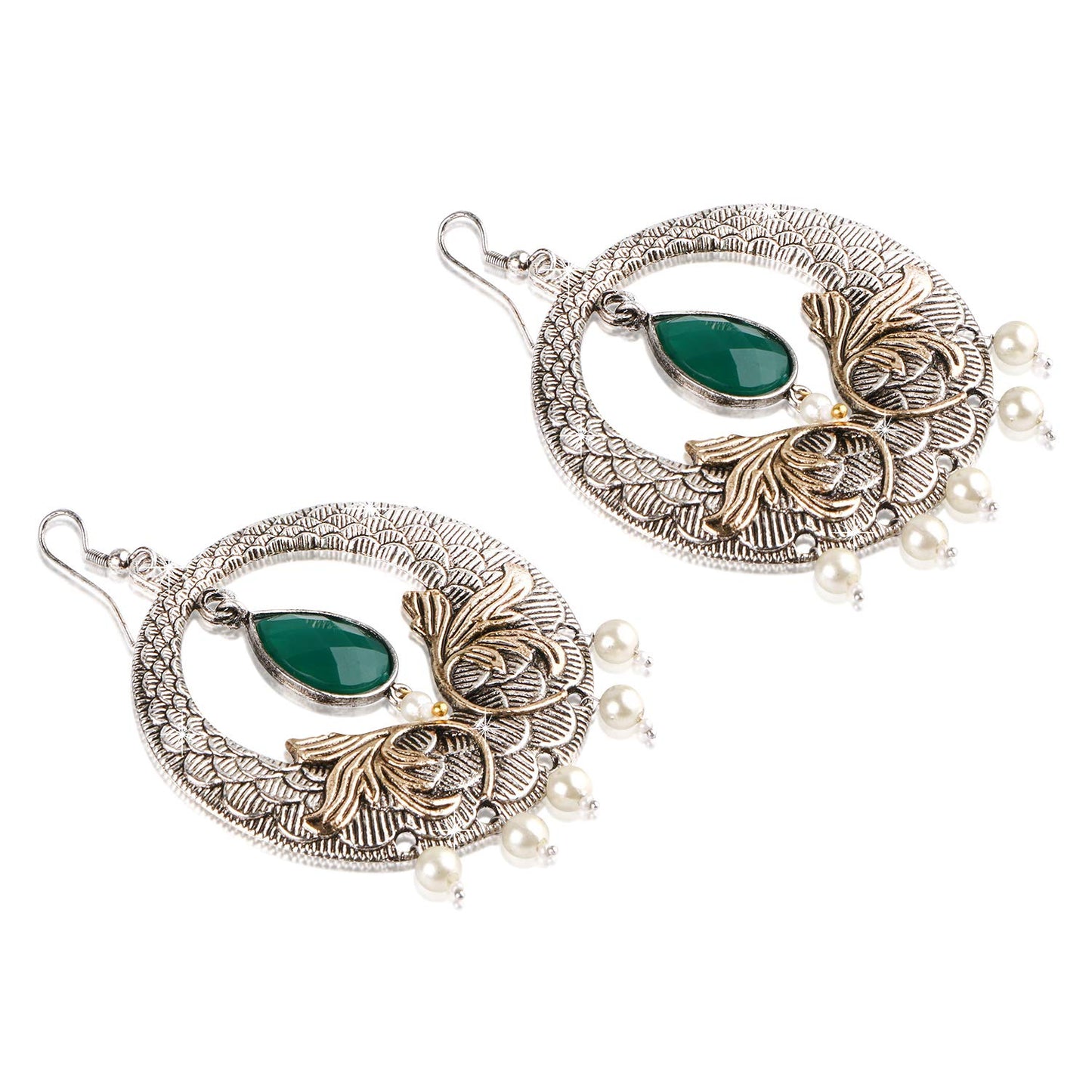 Yellow Chimes Emerald Stone Dual Tone German Silver Oxidixed Chandbali Earring Earrings for Women and Girls