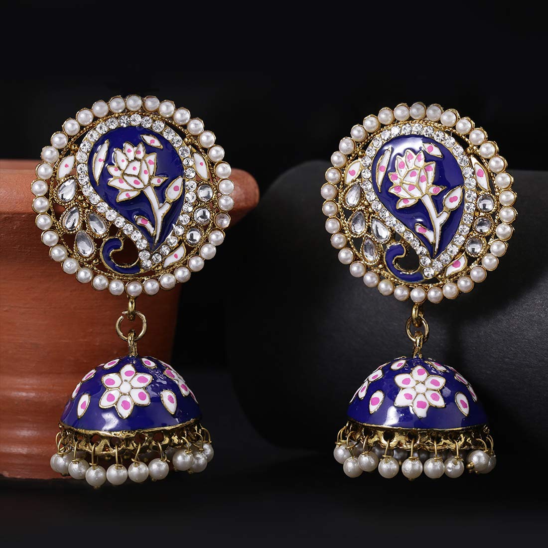 PRIVIU Meenakari Jhumka Earrings in Golden Traditional Blue Shades for  women | Priviu