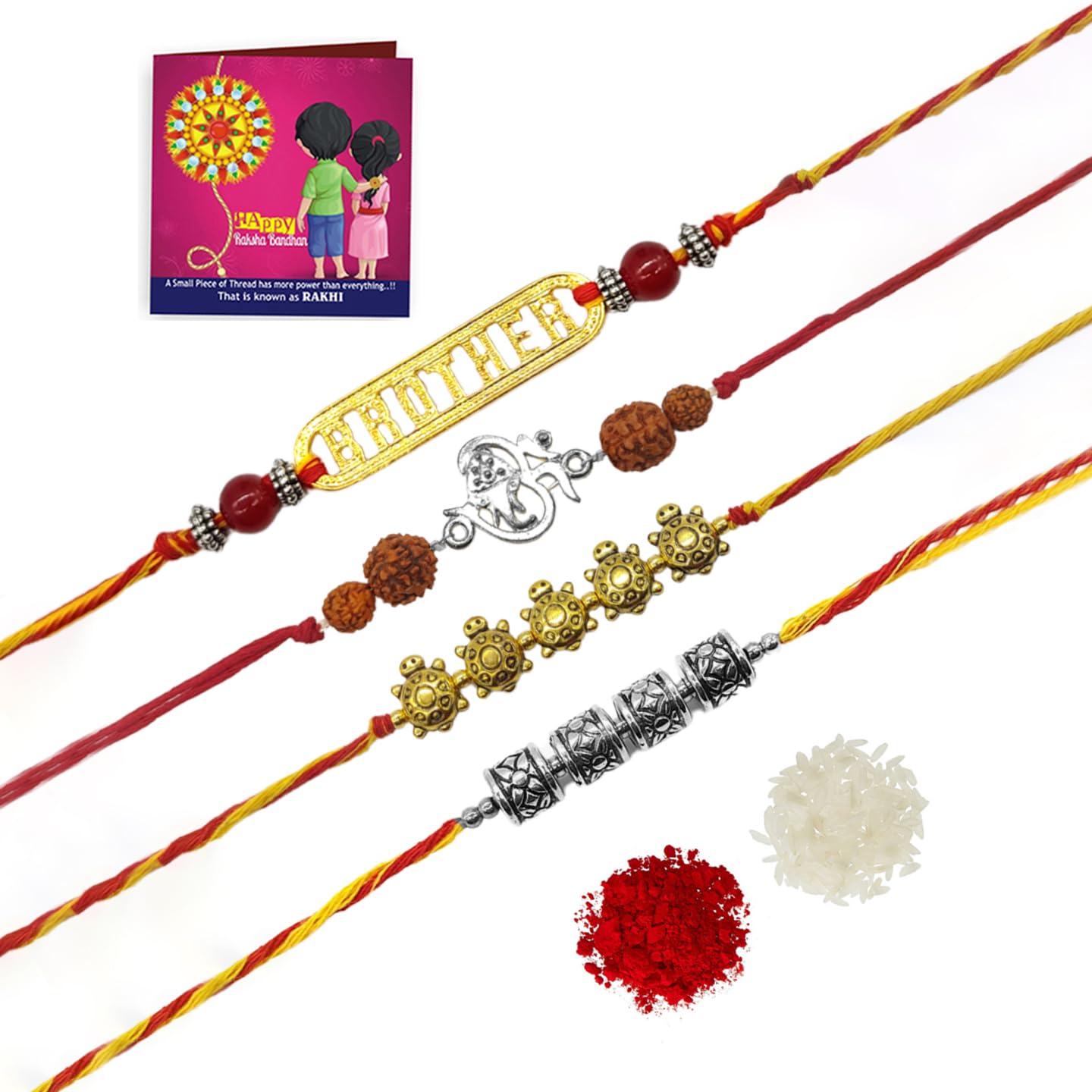 Yellow Chimes Rakhi for Brother | Combo of 4 Rakhi Set for Brother | Traditional Gold and Silver Plated Rakhi Set for Brother and Sister| Rakhi with Roli, Chawal and Greeting Card