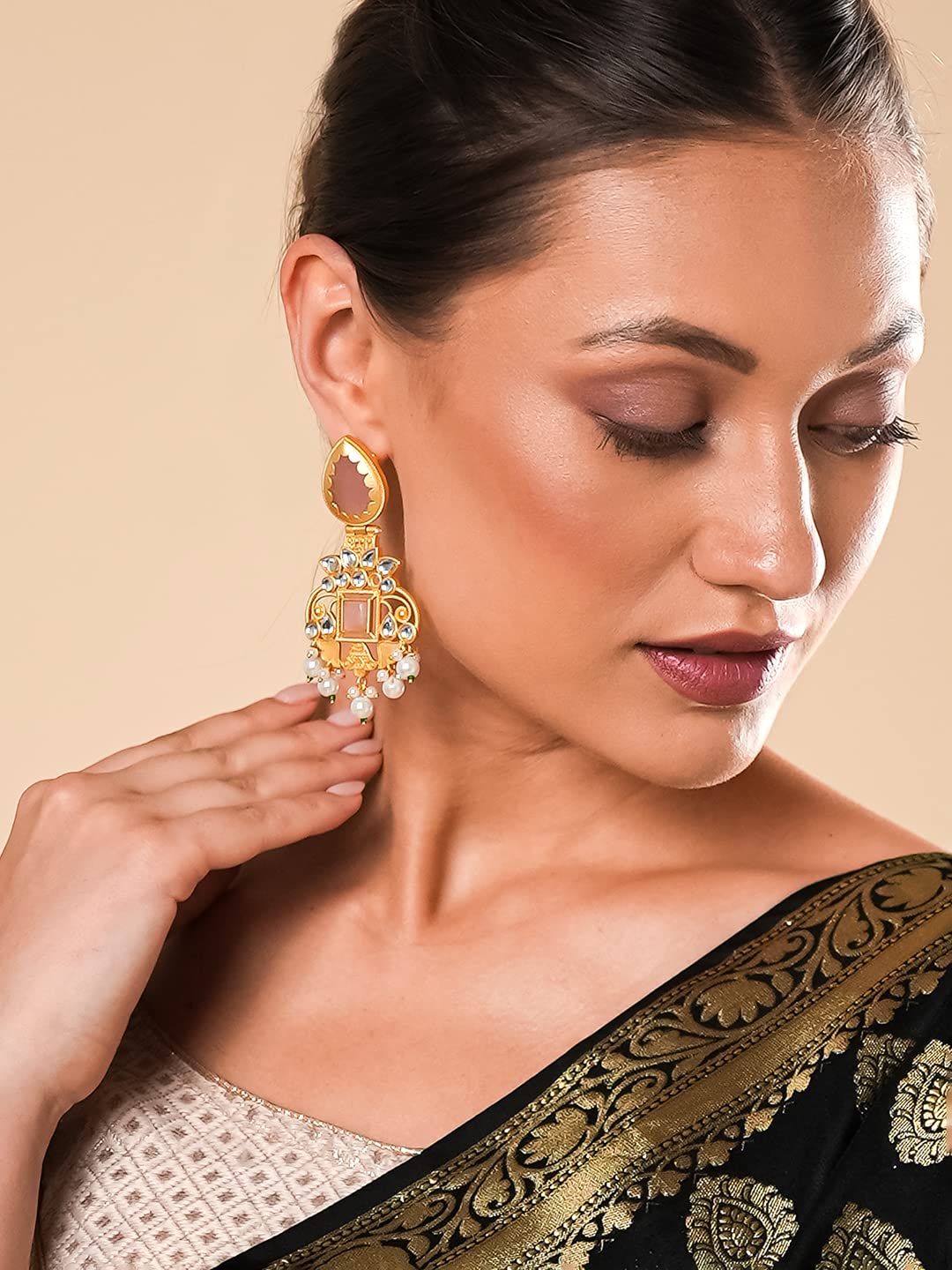 Yellow Chimes Drop Earrings for Women Traditional Gold Plated Studded Pink Stone Ethnic Dangler Drop Earrings for Women and Girls