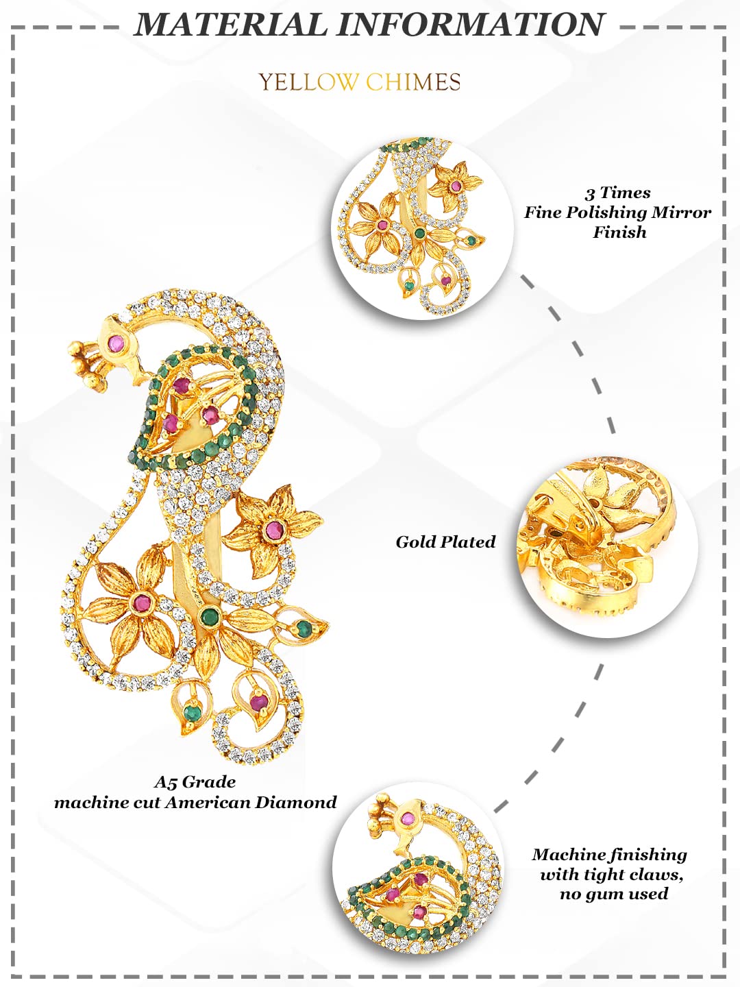 Yellow Chimes Brooch for Women Classic AD/American Diamond Brooch Pin Peacock Design Gold Plated Bridal Saree Pin for Women and Girls