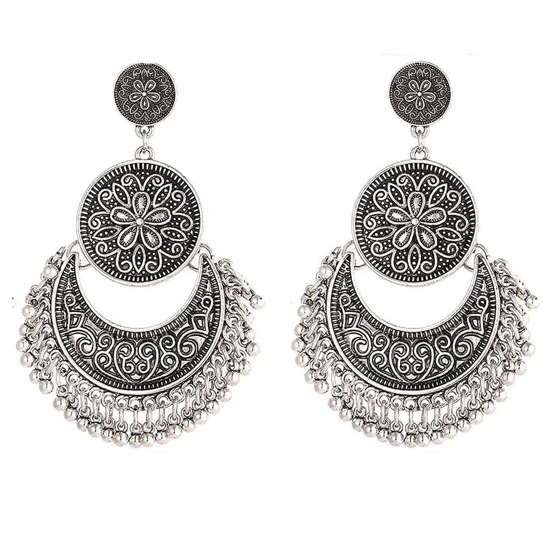 Yellow Chimes Earrings for Women & Girls | Traditional Silver Oxidised Chandbali | German Silver Tribal Muse Collection | Chand Baliyan Earrings | Birthday & Anniversary Gift