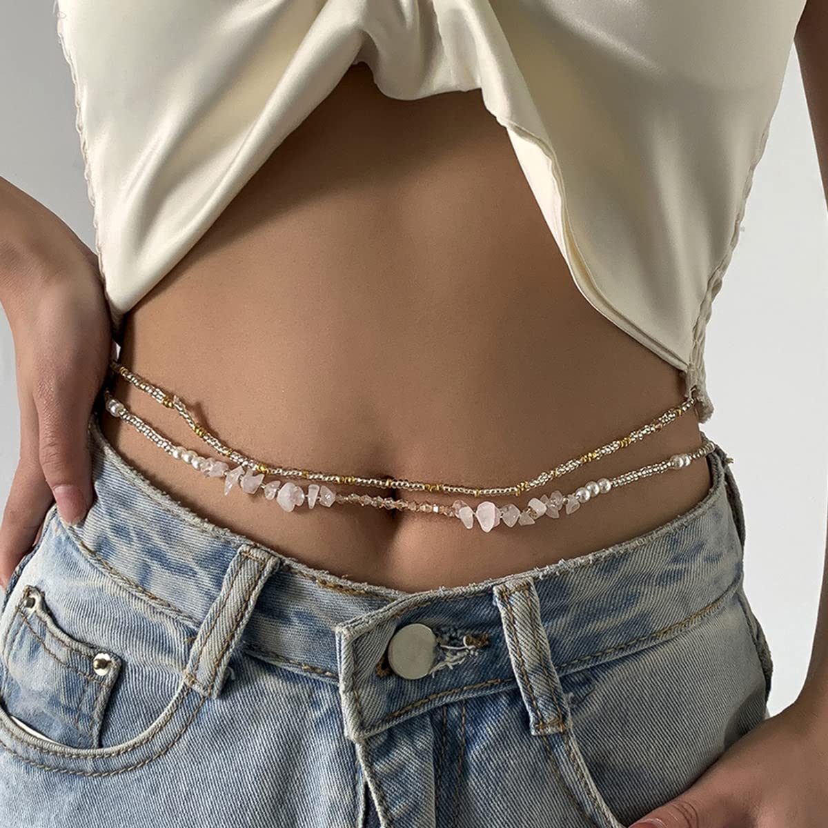 Yellow Chimes Waist Chain for Women Silver Stoned Layered chains Belly Chains for Women and Girls (Style-13)