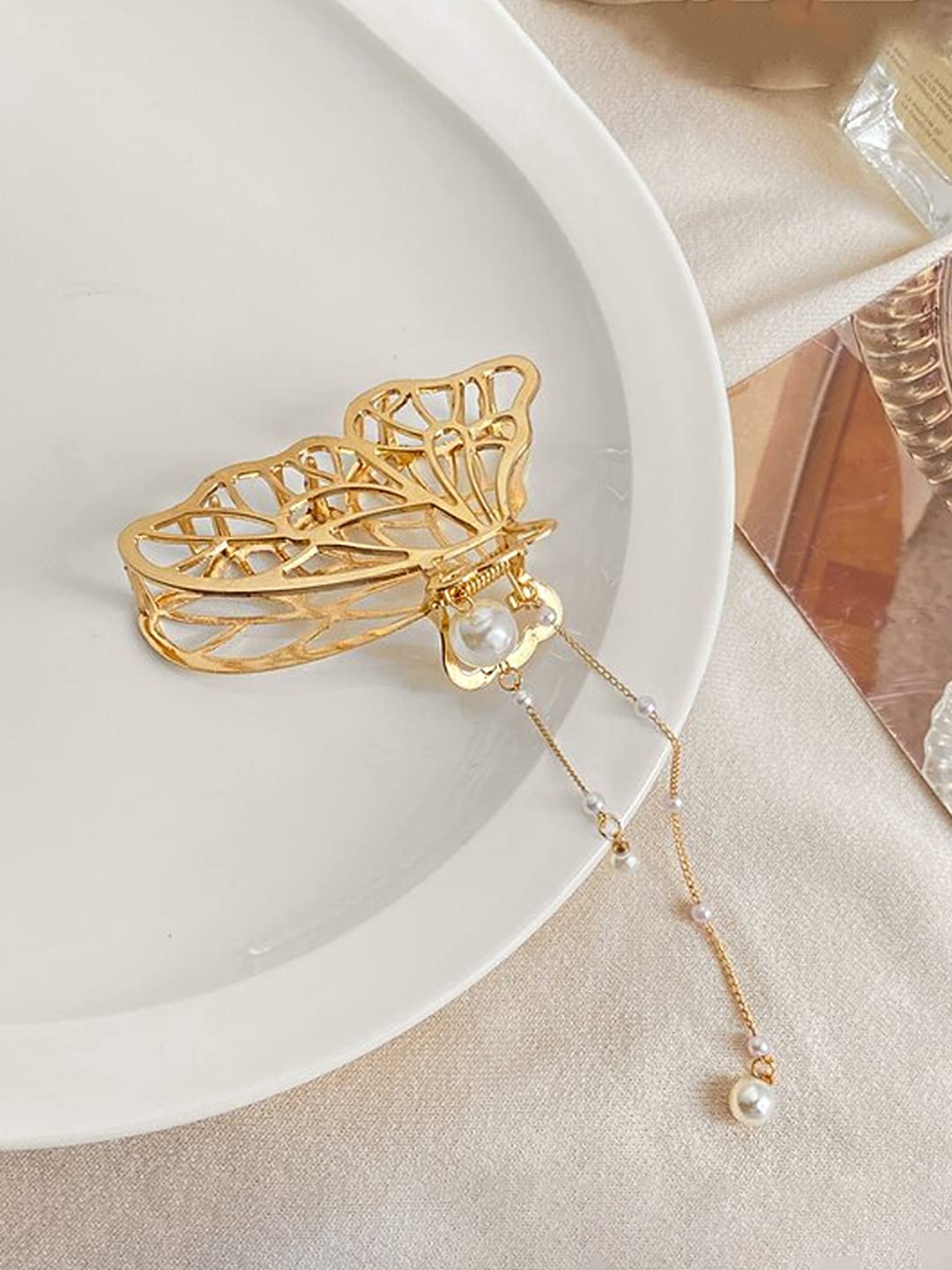 Yellow Chimes Hair Clip For Women Gold Tone Butterfly Shape With Pearl Beads Cluthers Hair Claw Clip For Women and Girls