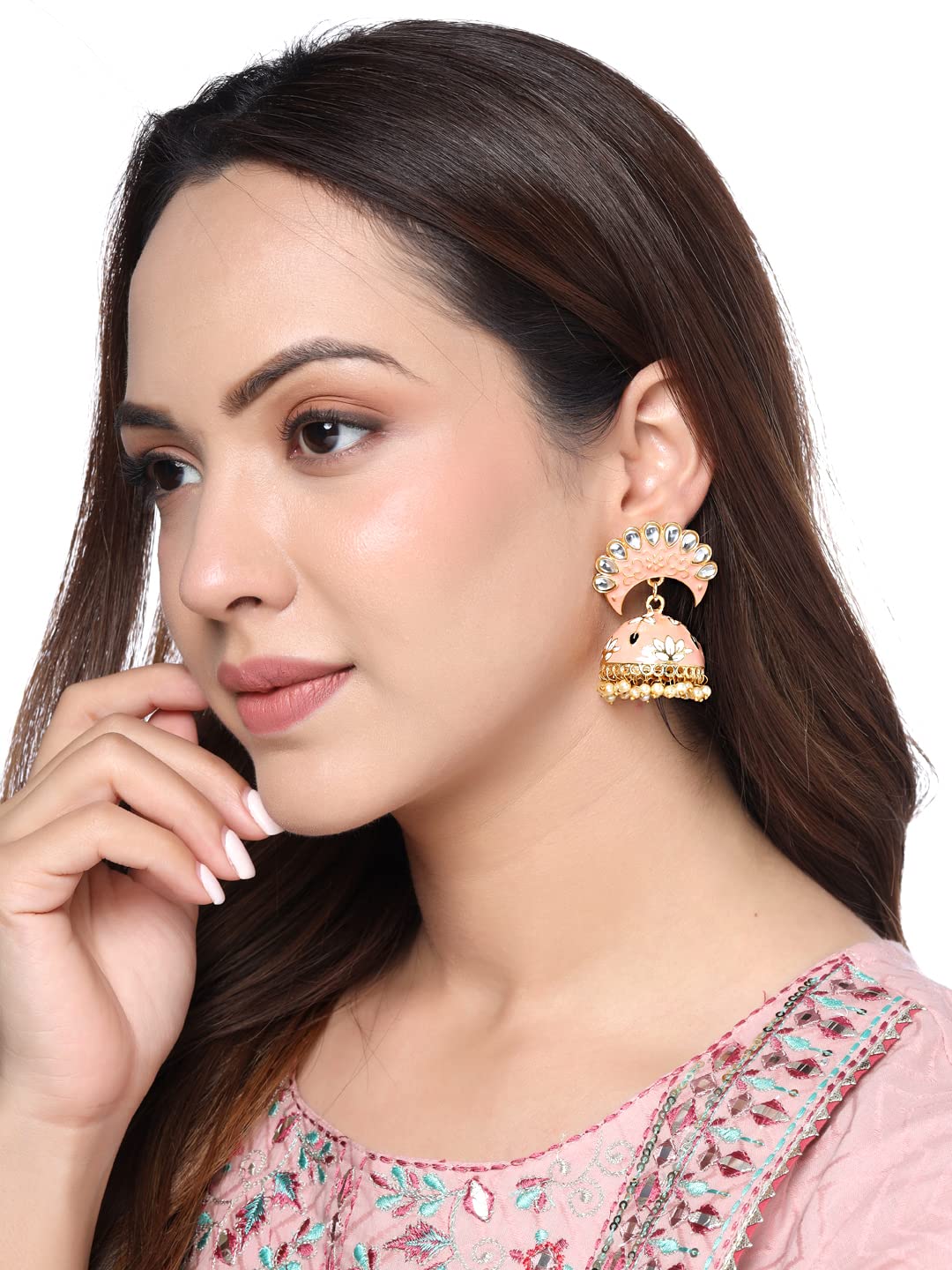 Yellow Chimes Earrings For Women Peach Color Pearl and Stone Studded Meenakari Jhumka Earrings For Women and Girls