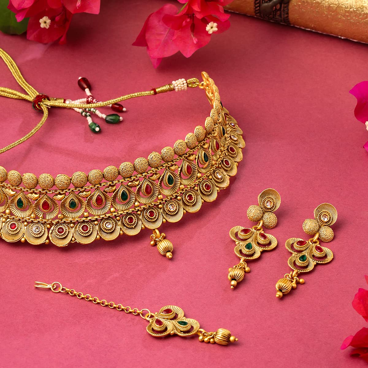 Yellow Chimes Jewellery Set For Women Gold Plated Crystal Studded Floral Designed Traditional Choker Necklace Set with Earrings and Mangtikka For Women and Girls