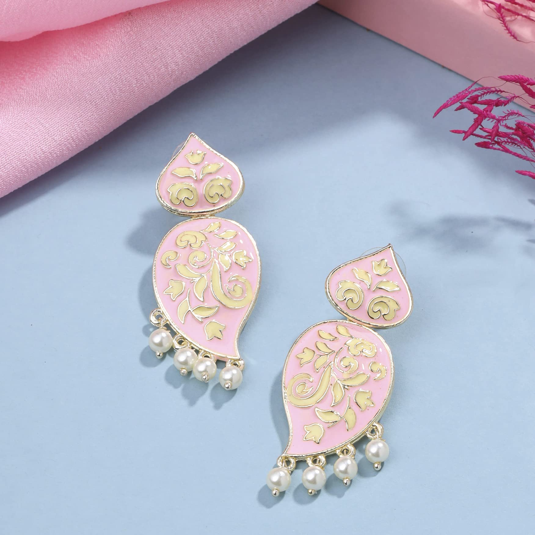 Yellow Chimes Earrings for Women and Girls Meenakari Earrings | Gold Tone Pink Meenakari Drop Earrings | Birthday Gift for girls and women Anniversary Gift for Wife