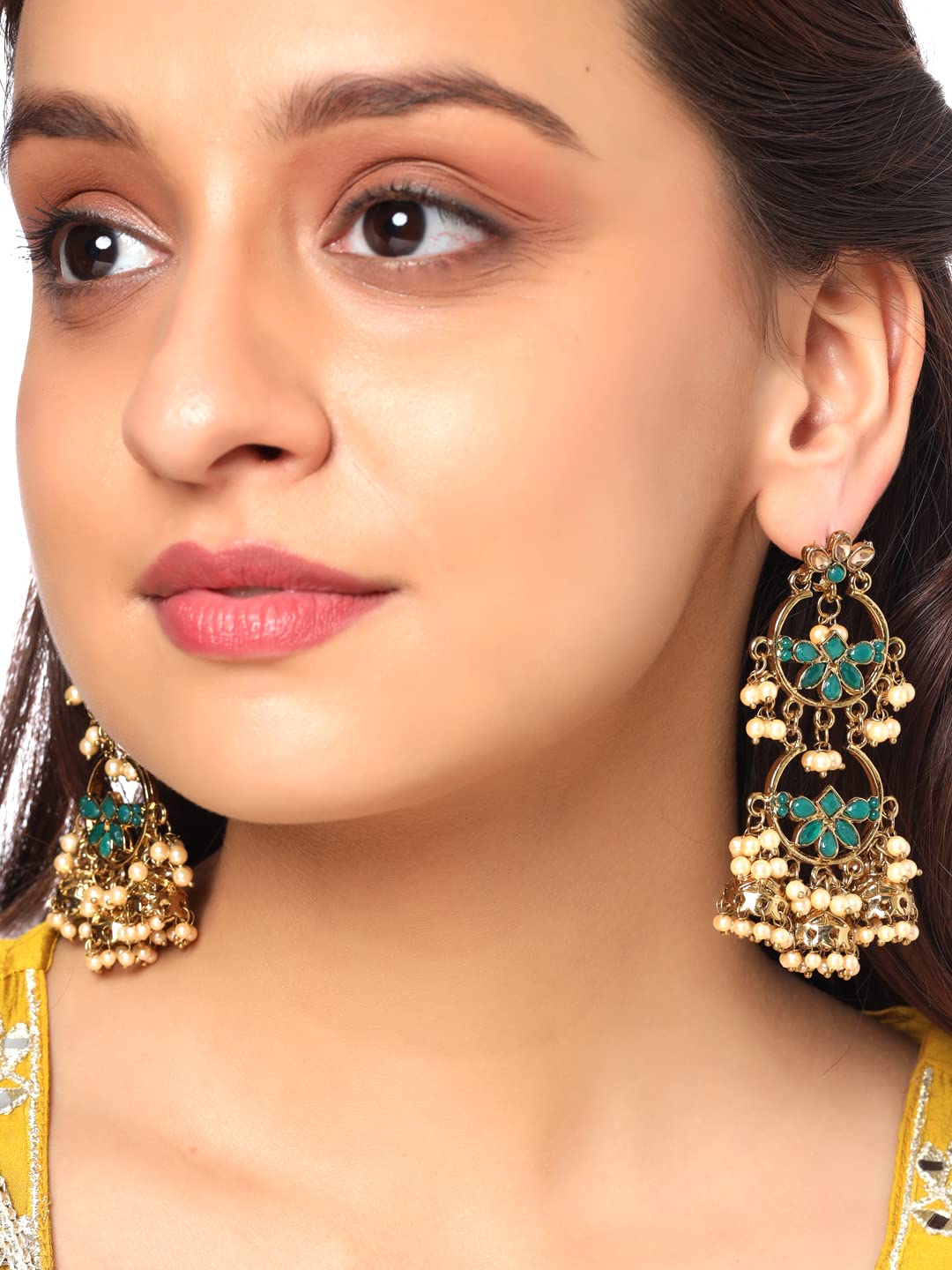 Yellow Chimes Chandbali Earrings for Women Gold Plated Traditional Earrings Green Kundan Studded Long Chand bali Earrings for Women and Girls