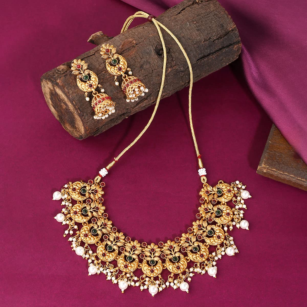 Yellow Chimes Jewellery Set For Women Gold Plated Pink and Green Stone Studded Pearl Beads Hanging Floral Designed Choker Necklace Set For Women and Girls