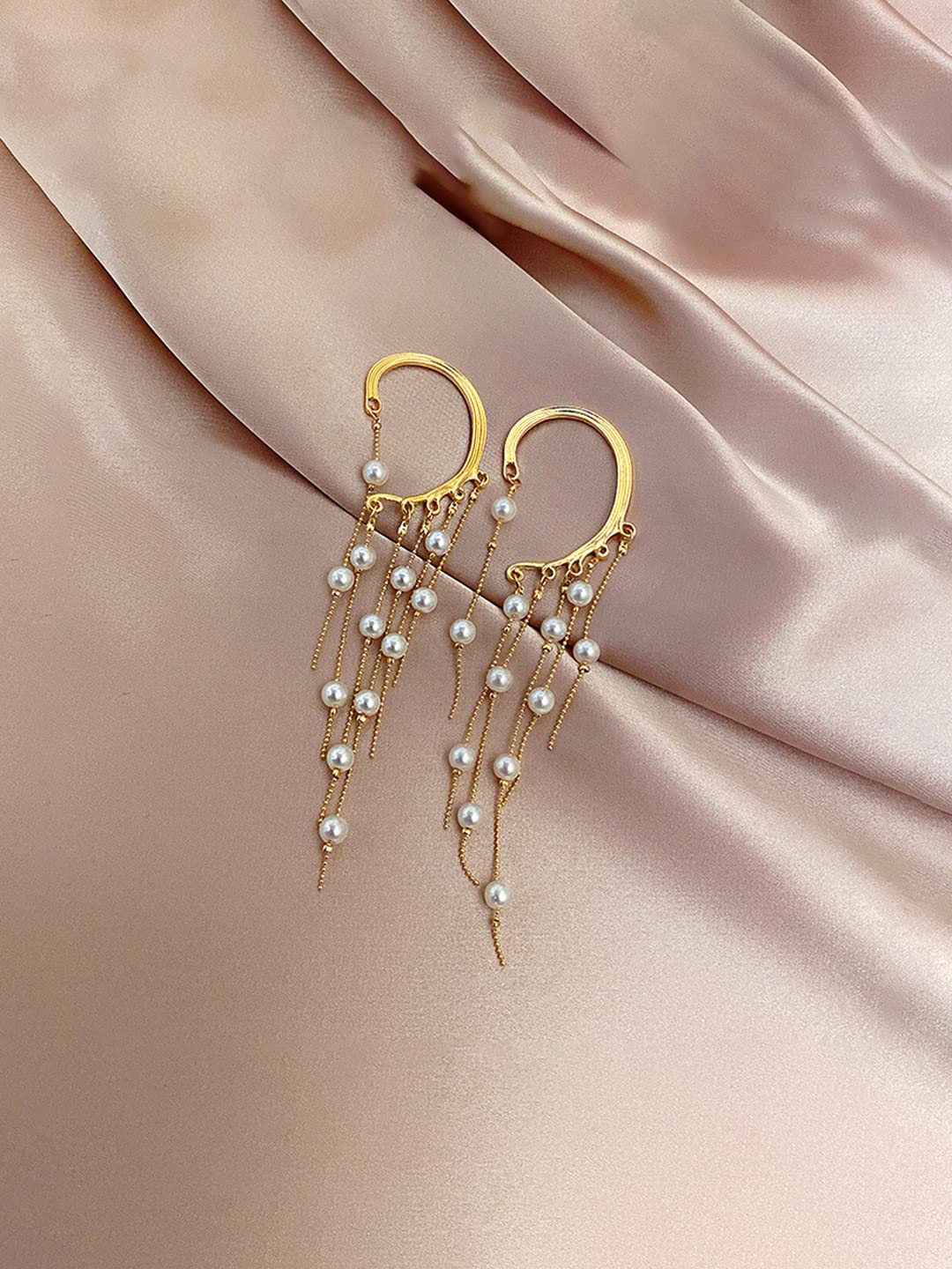 Yellow Chimes Earrings For Women Gold Tone Earcuffs With Linear Pearl Studded Tassel Chain Earrings For Women and Girls