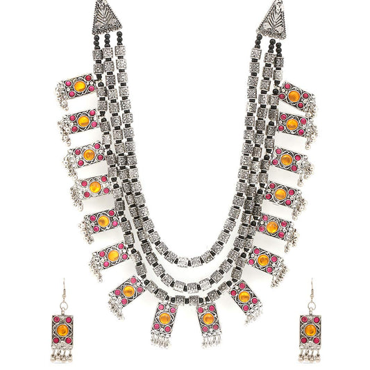 Yellow Chimes Oxidised Jewellery Set for Women Silver Oxidised Jewellery Set Afghani Turkish Style MultiLayer Necklace Set for Women and Girls