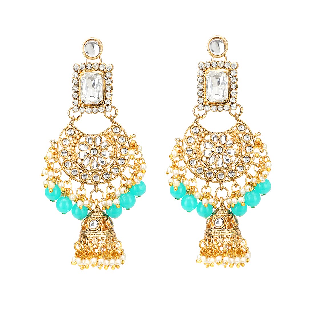 Yellow Chimes Ethnic Gold Plated Kundan Studded Meenakari Pearl Beads Chandbali Jhumka Earrings for Women and Girls