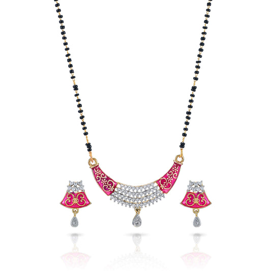 Yellow Chimes Sparkling AD/American Diamond Studded Ethnic Traditional Black Beads Meenakari Touch Designer Mangalsutra Pendant Set with Earrings for Women