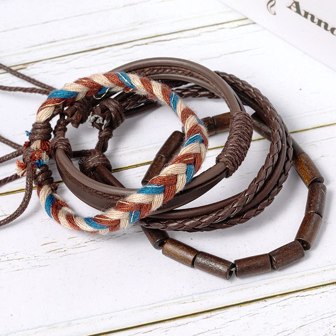 Yellow Chimes Leather Bracelet for Men 4 Pcs Combo PU Leather Brown Wrap Bracelet for Men and Women.