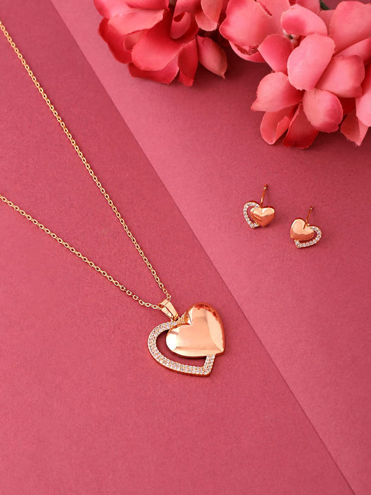 Yellow Chimes Pendant for Women Gold Toned Heart Shaped Crystal Studded Dual Heart Pendant Necklace Set with Earrings for Women and Girls Valentine Gift for Girls