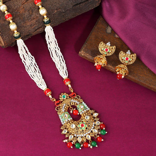 Yellow Chimes Jewellery Set For Women Long Kundan Beaded Charm Attached Necklace Set With Earrings For Women and Girls