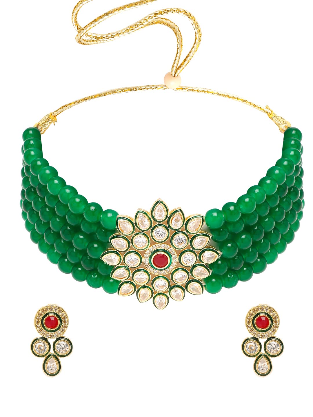Yellow Chimes Kundan Jewellery Set for Women Green Beads Jewellery Set Ethnic Traditional Choker Necklace Set for Women and Girls