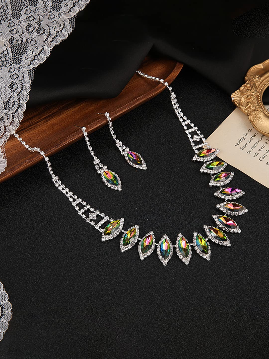 Yellow Chimes Jewellery Set fort Women with Multicolor Crystal Studded Classic Design Silver Plated Necklace Set for Women and Girls