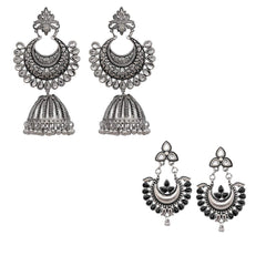 Yellow Chimes Combo of 2 Pairs Ethnic Silver Oxidised Floral Design Studded Stones Chandbali Jhumka Earrings for Women and Girls, silver, black, medium (YCTJER-01CHNDJHK-C-SL)
