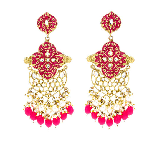 Yellow Chimes Ethnic Gold Plated Traditional Pearl Beads Pink Meenakari Flower Design Dangler Earrings for Women and Girls, Medium (YCTJER-102MNKDNG-PK)