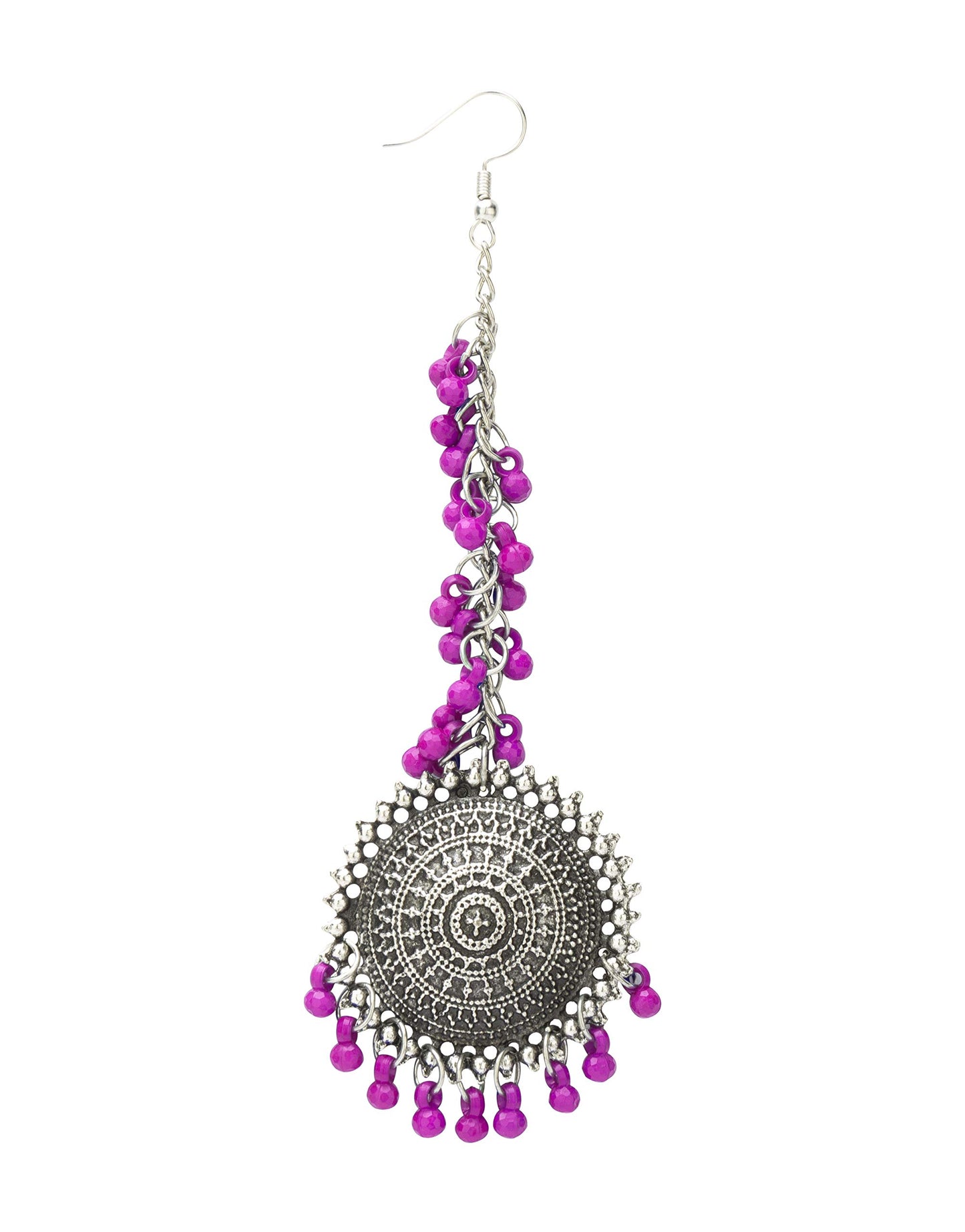 Yellow Chimes German Oxidised Silver Afghani Navratri Garba Style Traditional Maang Tikka with Jhumka Earrings Jewellery Set for Women and Girls (Pink)