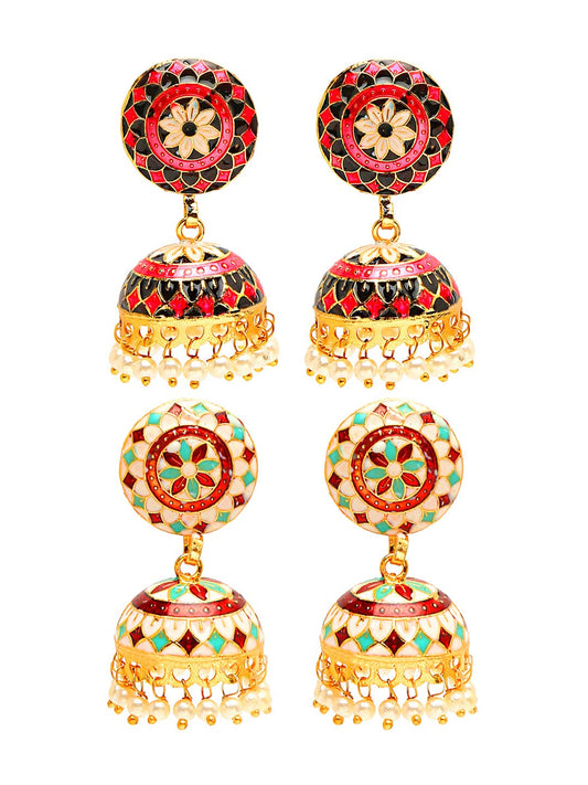 Yellow Chimes Meenakari Jumka Earrings with Ethnic Design Gold Plated Traditional Beads Combo of 2 pair for Women and Girls