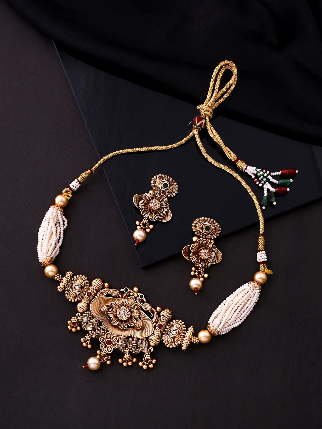 Yellow Chimes Jewellery Set for Women Gold Toned Crystal Studded with Beads Peacock Designed Choker Necklace Set with Earrings for Women and Girls