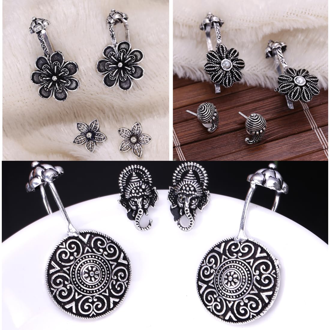 Kairangi Oxidised Ear Cuffs for Women Combo of 3 Pairs Silver Oxidised Stud Earrings Floral Design Traditional Bugadi Ear Clip Earrings for Women and Girls.