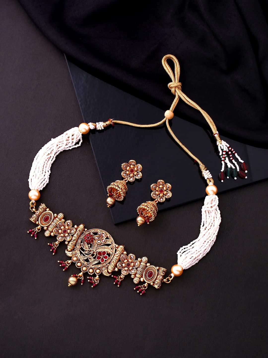 Yellow Chimes Jewellery Set for Women Gold Toned Red Pearl with White Beads Choker Necklace with Earrings for Women and Girls