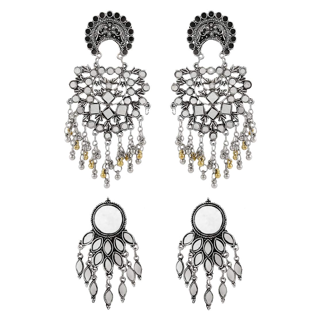 Yellow Chimes Combo of 2 pairs Ethnic German Silver Oxidised Mirror Design Silver Beads Dangler Chandbali Earrings for Women And Girls, medium (YCTJER-50OXDMIR-C-SL)