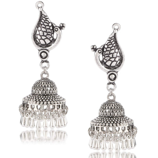 Yellow Chimes Peacock Fem Bell Ghungroo Silver Oxidized Jhumka Earrings for Women and Girls
