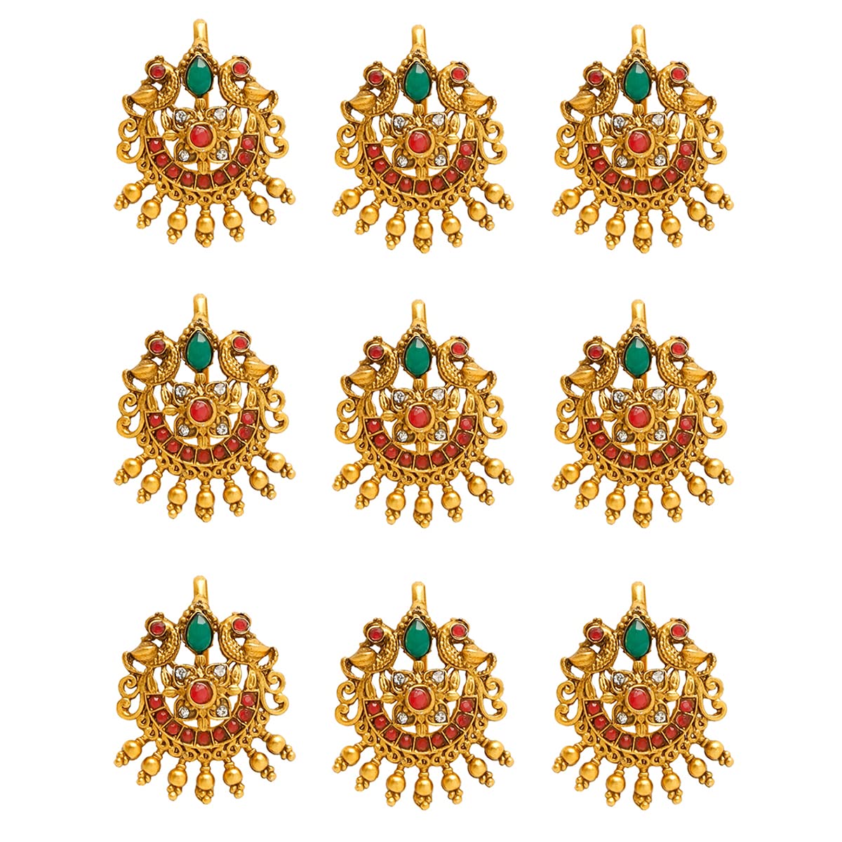 Yellow Chimes Jadai Billai for Women 9 Pcs Gold Plated Red Crystal Studded Beads Drop Choti Jadai Billai Hair Pin Bridal Hair Brooch Hair Jewellery for Women and Girls