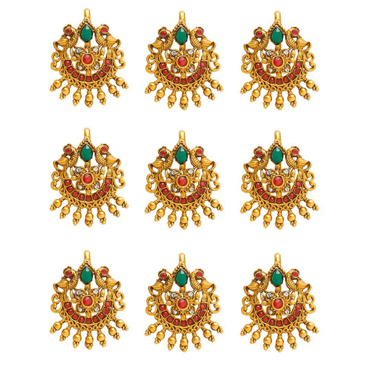 Yellow Chimes Jadai Billai for Women 9 Pcs Gold Plated Red Crystal Studded Beads Drop Choti Jadai Billai Hair Pin Bridal Hair Brooch Hair Jewellery for Women and Girls