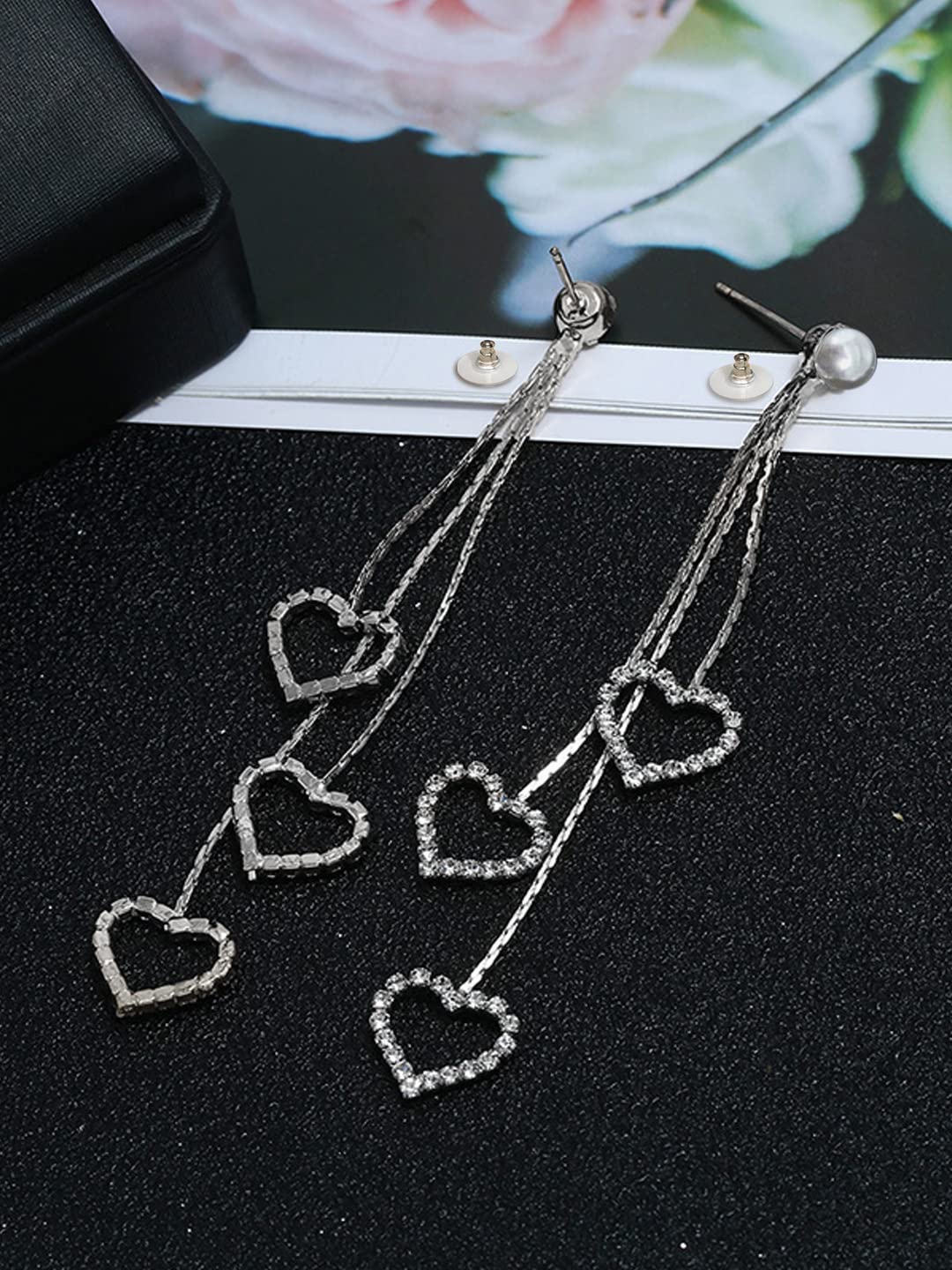 Yellow Chimes Earrings for Women & Girls Silver Pearl Dangler Earrings | Silver Toned Heart Shaped Long Chain Danglers Earrings for Women | Birthday & Anniversary Gift