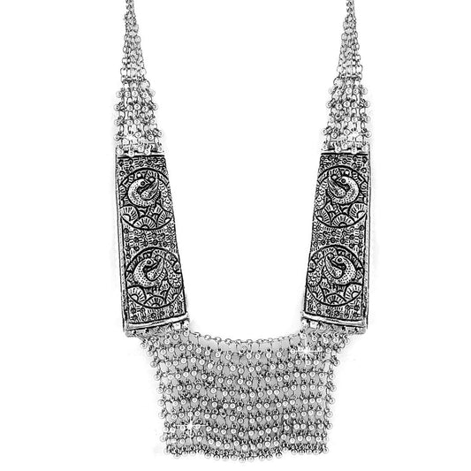 Yellow Chimes German Silver Oxidized Necklace Handmade Work Peacock Charm Studded Crystal Antique Necklace for Women and Girls (Silver Oxidized)