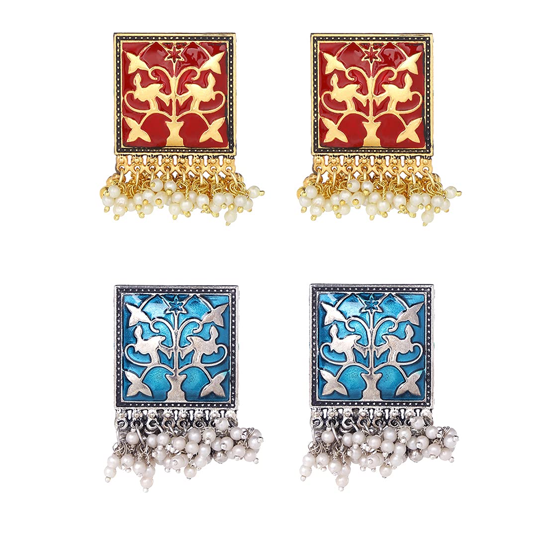 Yellow Chimes Stud Earrings for Women Combo of 2 Pairs Red and Blue Meenakari Moti Design Traditional Stud Earrings for Women and Girls