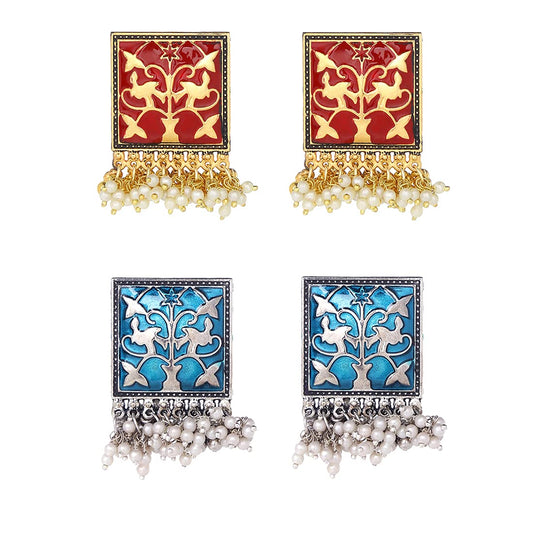 Yellow Chimes Stud Earrings for Women Combo of 2 Pairs Red and Blue Meenakari Moti Design Traditional Stud Earrings for Women and Girls