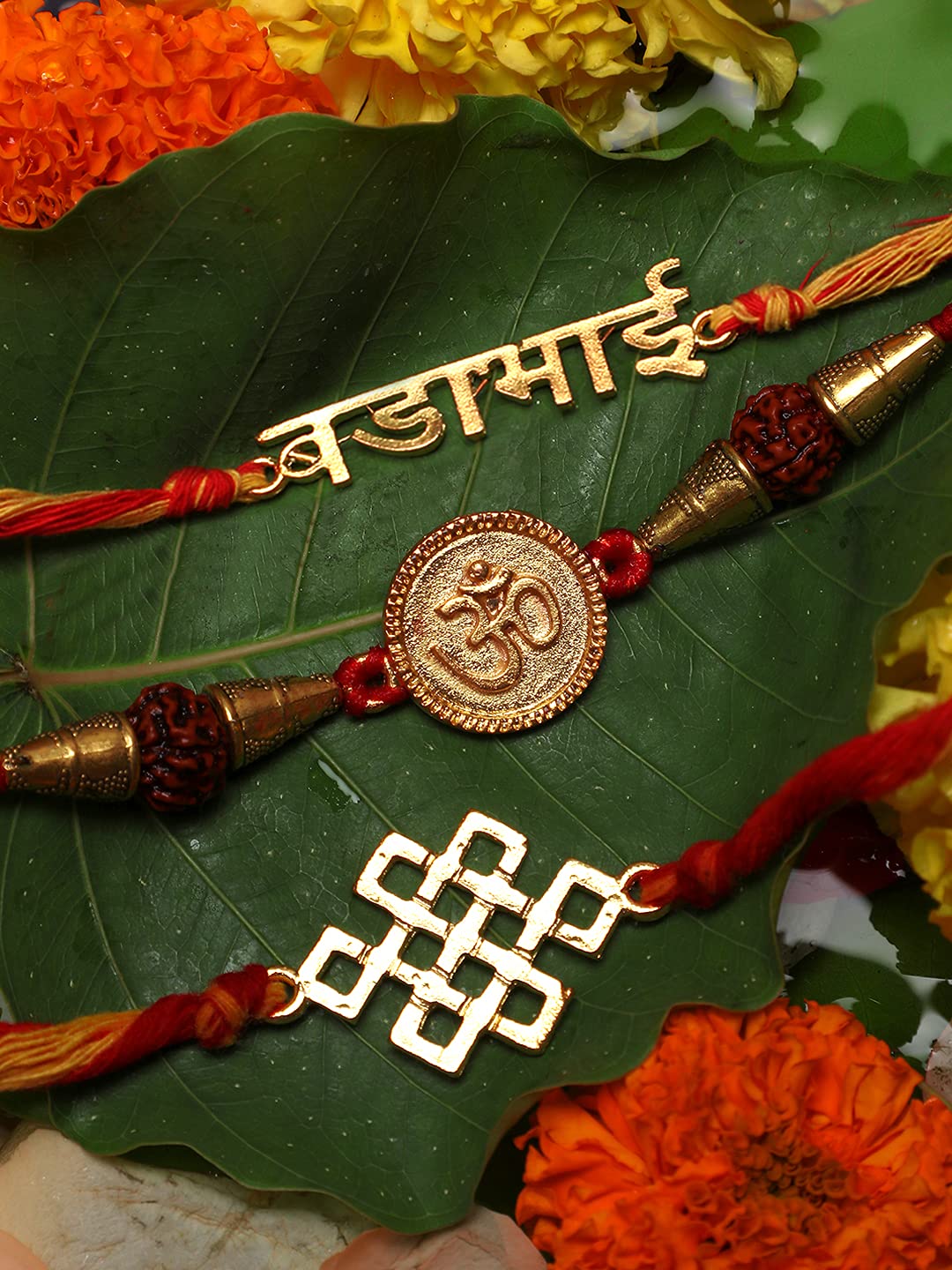 Yellow Chimes Combo of 3 Pcs Handmade Dori Worked Gold Toned OM Bada Bhai and Celtic Design Rakhi for Brother with Roli & Chawal, Red, Gold, Medium (YCTJRK-18BHAY-GL) for Men