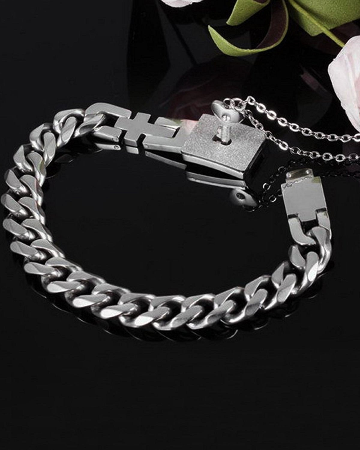 Yellow Chimes Couple Pendant Bracelet for Men Engraved Lock and Key Stainless Steel Couple Bracelet Pendant Necklace Set for Men and Women.