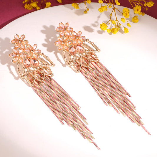 Yellow Chimes Crystal Danglers Earrings for Women Floral Shaped Crystal Pink Long Chain Dangler Earrings for Women and Girls