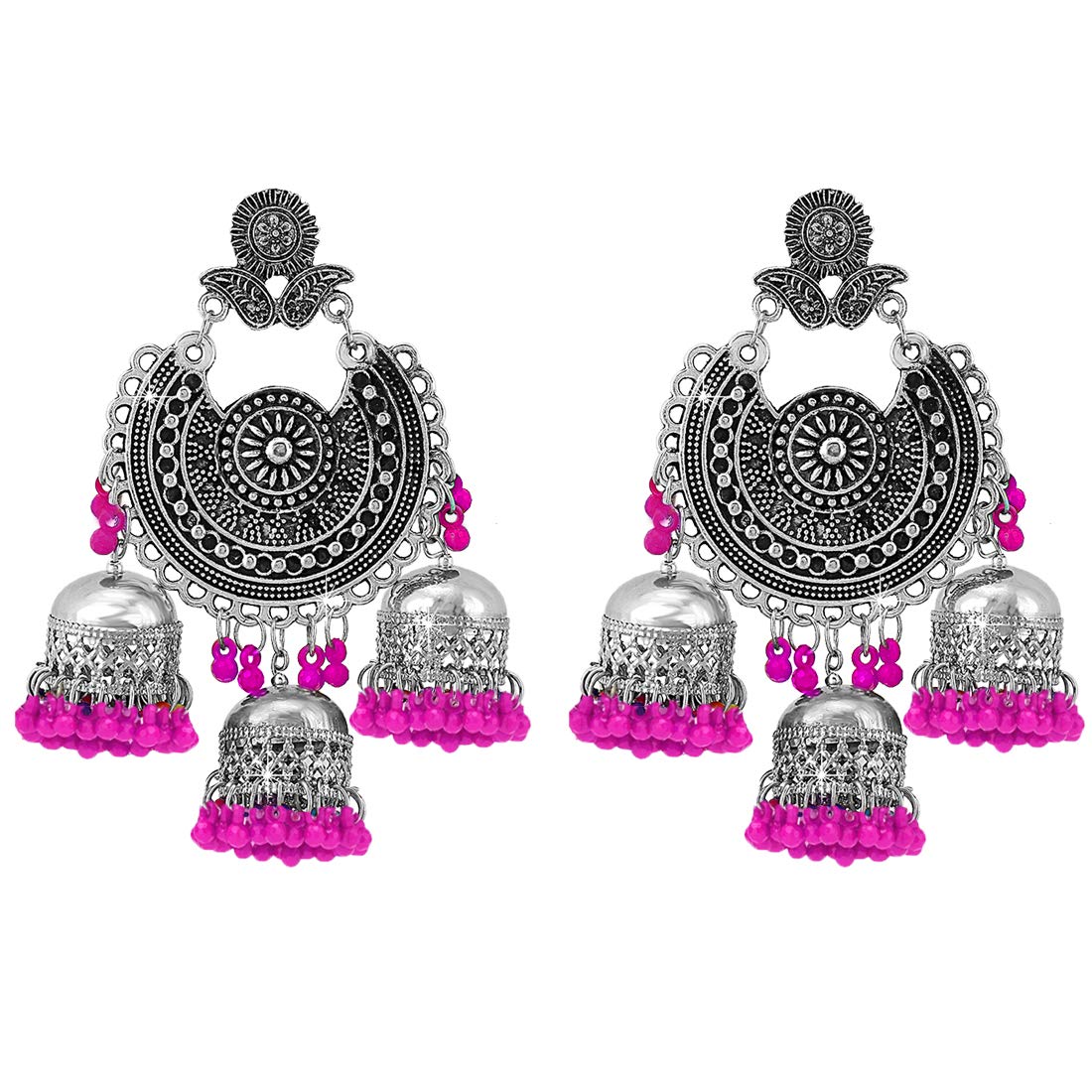 Yellow Chimes German Oxidised Silver Afghani Navratri Garba Style Traditional Maang Tikka with Jhumka Earrings Jewellery Set for Women and Girls (Pink)