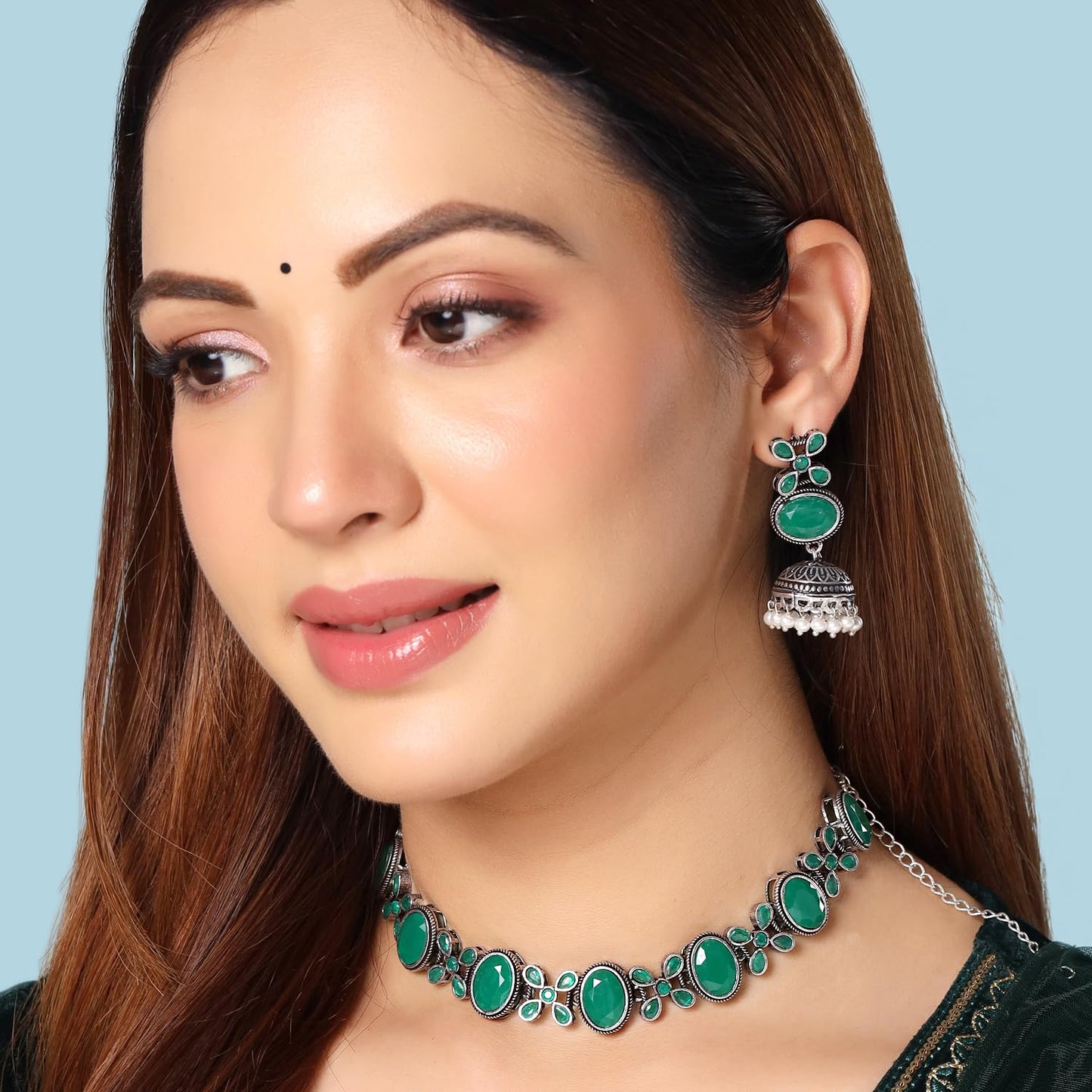 Yellow Chimes Necklace for Women and Girls Silver Oxidised Necklace for Women | Stone Studded Oxidised Silver Choker Necklace for women | Birthday Gift for girls and women Anniversary Gift for Wife