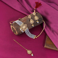 Yellow Chimes Jewellery Set For Women Kundan studded Choker Set With Earrings and Mangtikka For Women and Girls