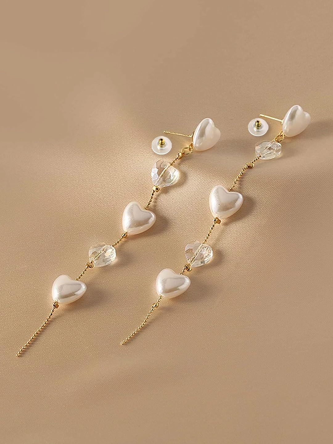 Kairangi Earrings For Women Gold Tone Hearts Pearl and Stone Attached Long Chain Drop Dangler Earrings For Women and Girls