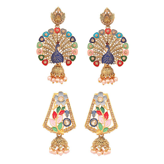 Yellow Chimes Combo of 2 Pairs Ethnic Gold Plated Matte Finish Traditional Meenakari Dangler Jhumka Earrings for Women and Girls, gold, multicolour, medium (YCTJER-540MPECF-C-MC)