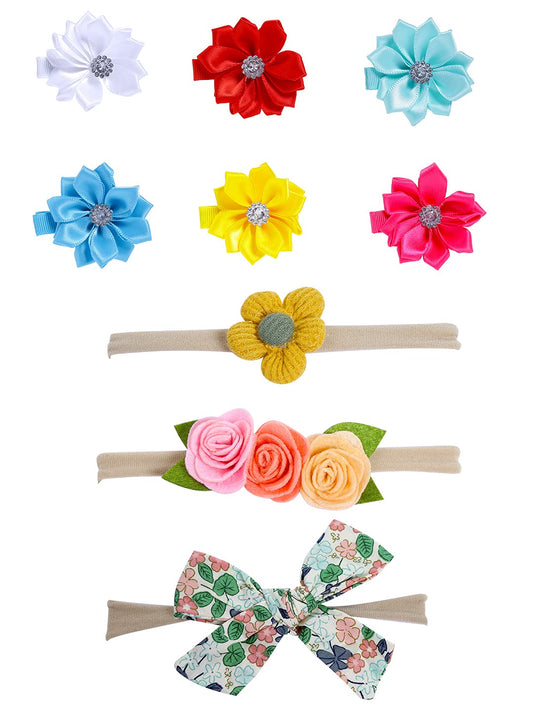 Melbees by Yellow Chimes Combo of 3 Stretcheable Hair Bands and 6 Floral Big Hair Clips Hair Accessories for Baby Infant (Pack of 9), Multi-Color, Medium