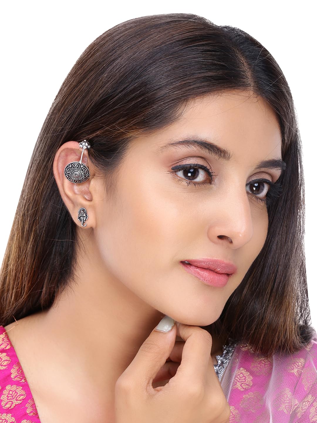 Kairangi Oxidised Ear Cuffs for Women Combo of 3 Pairs Silver Oxidised Stud Earrings Floral Design Traditional Bugadi Ear Clip Earrings for Women and Girls.